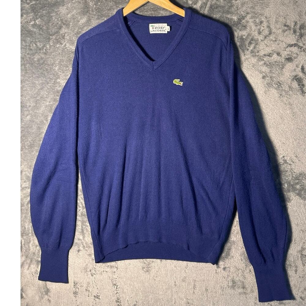 VTG 80s Izod Lacoste V-Neck Sweater Mens XL Blue Knit/Green Crocodile USA!
